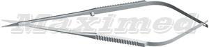 Микрохирургические ножницы тупоконечные, стальные, общая длина 160 мм, плоская ручка шириной 11 мм, прямые кончики 0,8х0,2 мм
